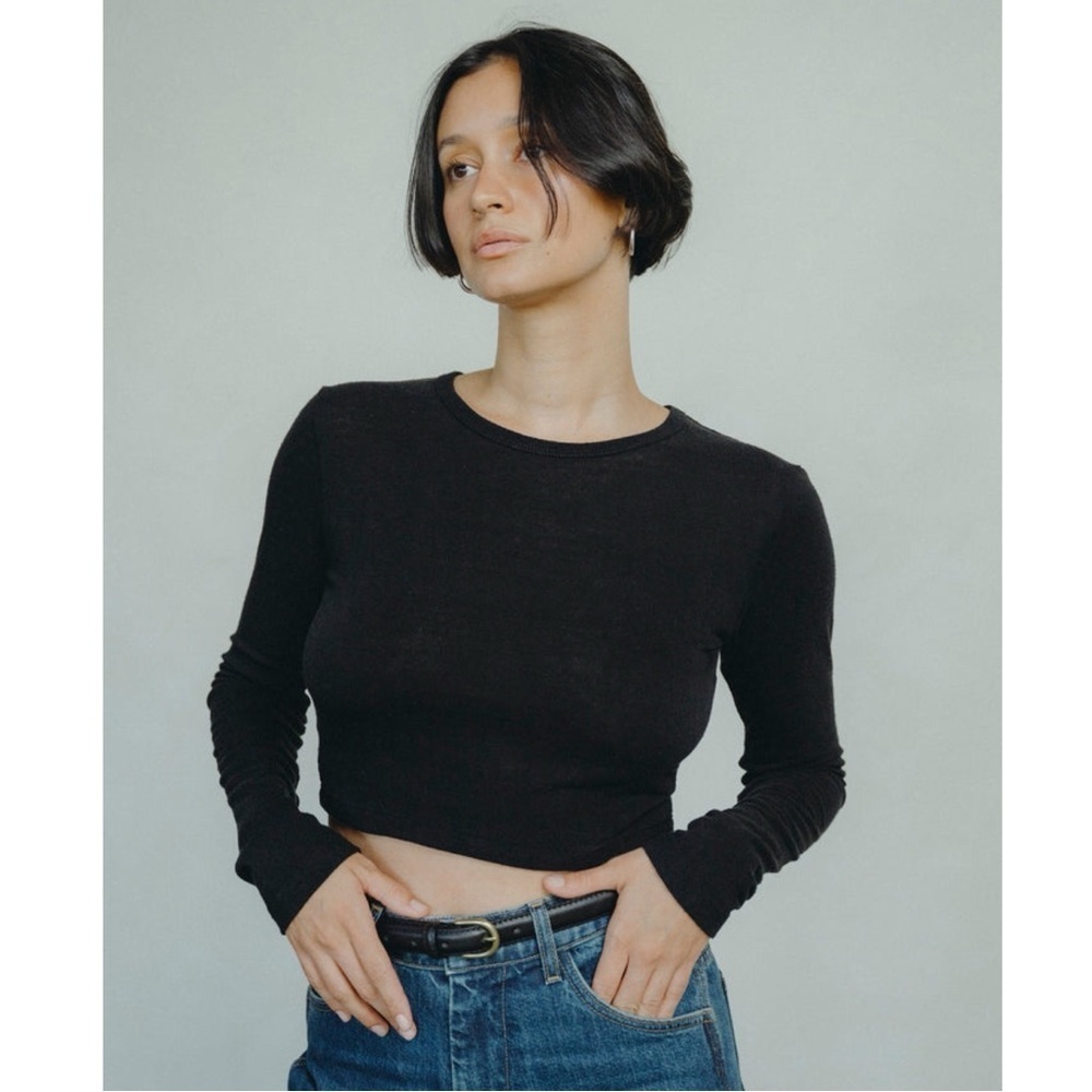 OZMA Regen Raw Silk Noil Jersey Fitted Crewneck‎ Long Sleeve Cropped Lia Top XS